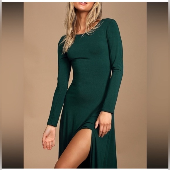Lulus Swept Away Green Long Sleeve Maxi Dress Large Front Slit Size L - Picture 2 of 8